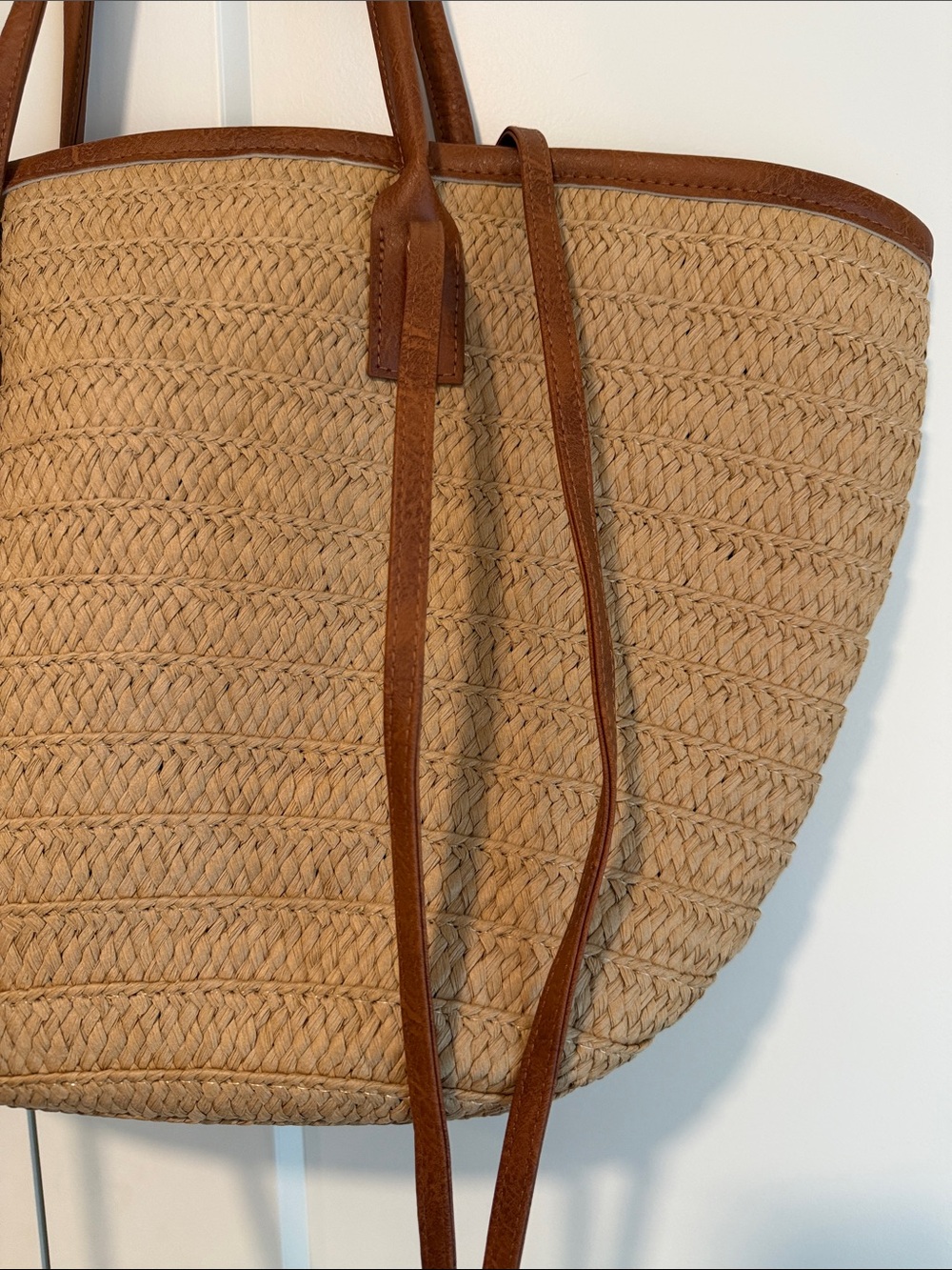 Rattan Tote Bag w Brown Trim, two handles - Women Bags, Beach Bags, Medium Tote - Picture 4 of 6